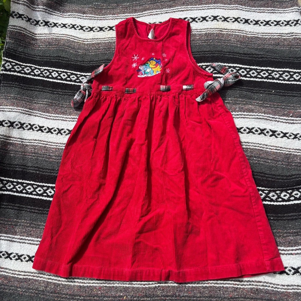 VINTAGE DISNEY STORE RED CORDUROY POOH BEAR FLANNEL TIE DRESS SIZE 10/12